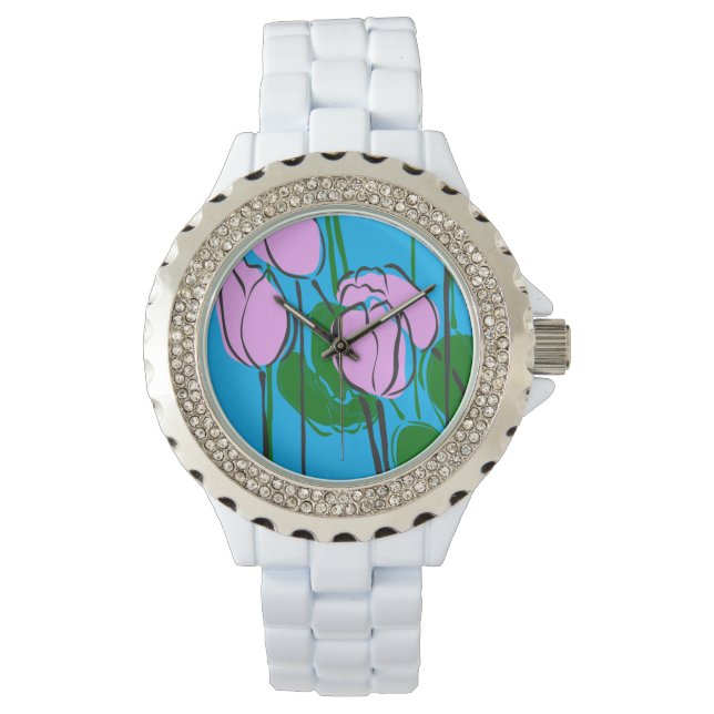 Montre Tulipes roses dessinées à la main sur bleu ciel (devant)