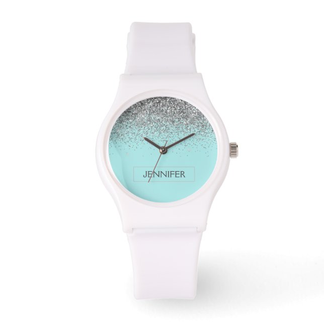 Montre Turquoise Aqua Blue Silver Parties scintillant Gir (Recto)