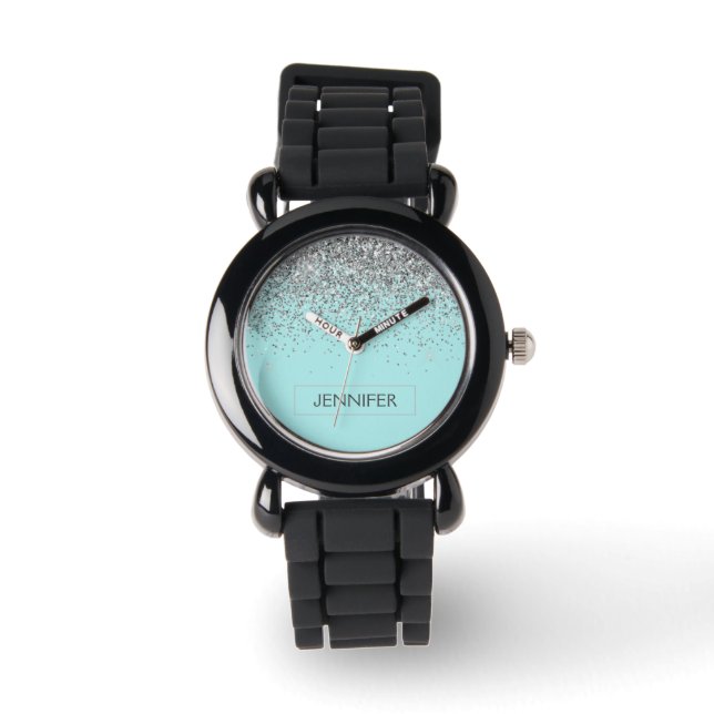 Montre Turquoise Aqua Blue Silver Parties scintillant Gir (Recto)