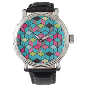 Montre Turquoise et motif rose de cube