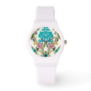 Montre Turquoise florale de prune de motifs de damassé