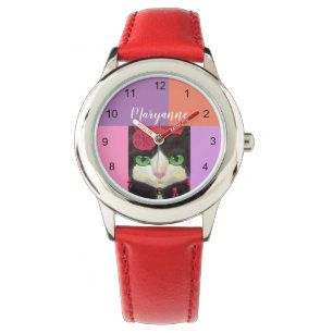 Montre Tuxedo Chat Face Noir Blanc Nom Illustration Rouge