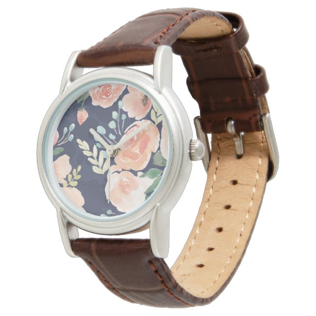 Montre Un délice florissant | Pêche et Roses bleus et pav (Incliné)