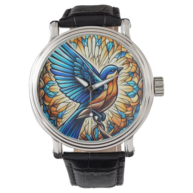 Montre Un oiseau bleu serein : Oeuvre en verre tendu (devant)