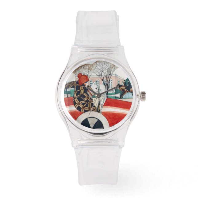 Montre Une fille et un chien Carlin dans une voiture roug (Recto)