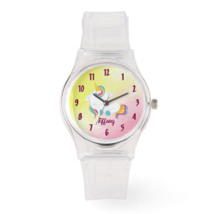Montre Unicorn Lover Arrière - plan rose et jaune