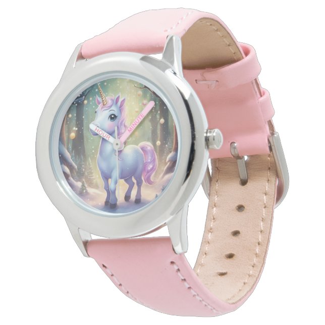 Montre Unicorne - Acier inoxydable rose bracelet en cuir (Incliné)