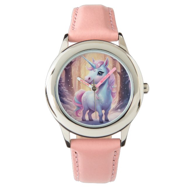 Montre Unicorne - Acier inoxydable rose bracelet en cuir (devant)