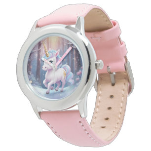 Montre Unicorne - Acier inoxydable rose bracelet en cuir