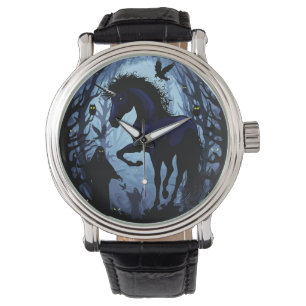 Montre Unicorne Fée magique noire dans la forêt noire