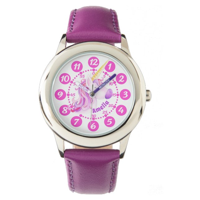 Montre Unicorne violet art rose enfants facile à lire hor (devant)