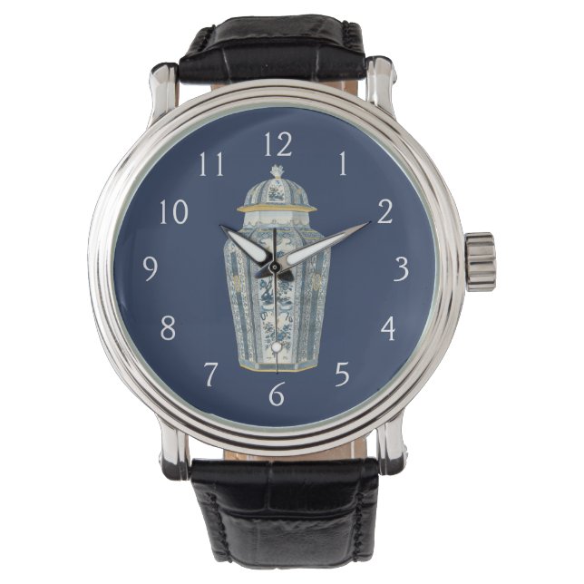 Montre Urne asiatique décorative en bleu et blanc (devant)