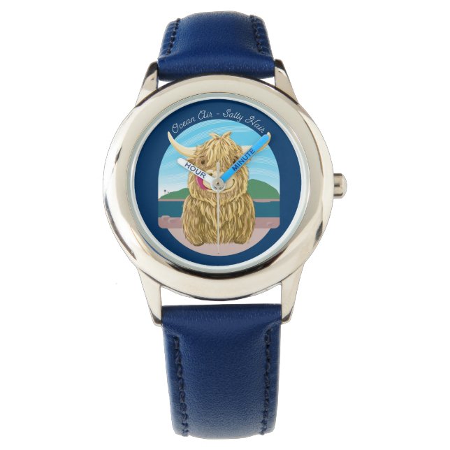 Montre Vache écossaise Highland Avec Cheveux Salé Océan (devant)