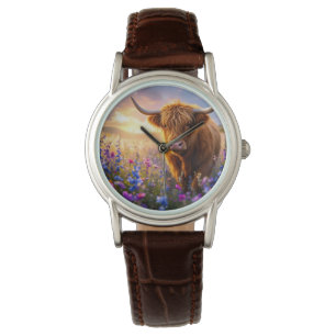 Montre Vache Highland dans un champ de fleurs colorées