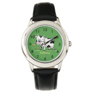 Montre Vache mignonne en vert dessin animé sur le terrain