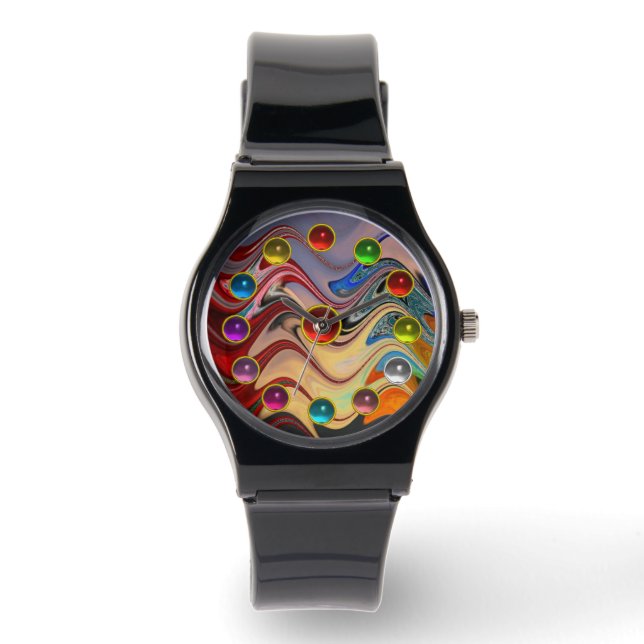 MONTRE VAGUES ABSTRAITES ET PIERRES 3D COLORÉES (Recto)