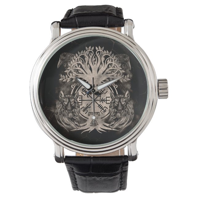 Montre Vegvisir -Yggdrasil Avec Ravens & Loups (devant)