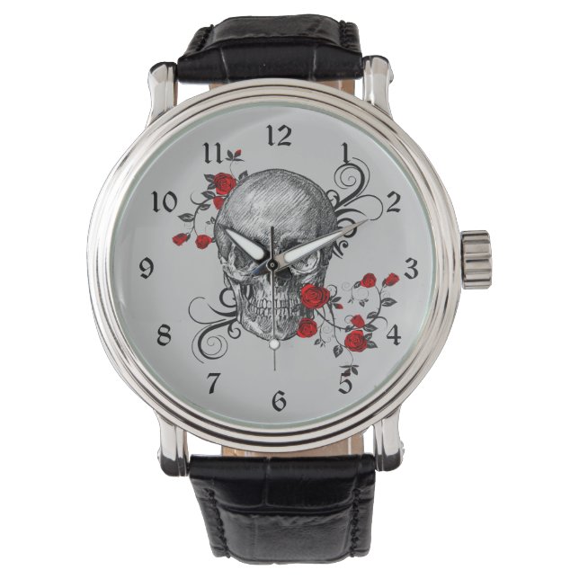 Montre Veille crâne Roses rouges (devant)