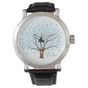 Montre Veille en cuir Vintage de l'arbre à neige en hiver