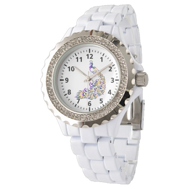 Montre Veille Femme en émail blanc en strass peacock (Incliné)