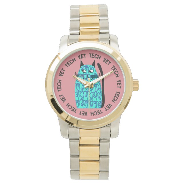 Montre Vet Tech Watch chat lunatique Design rose (devant)