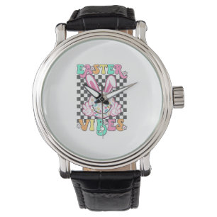Montre Vibes de Pâques rétro groovy lapin à carreaux sour