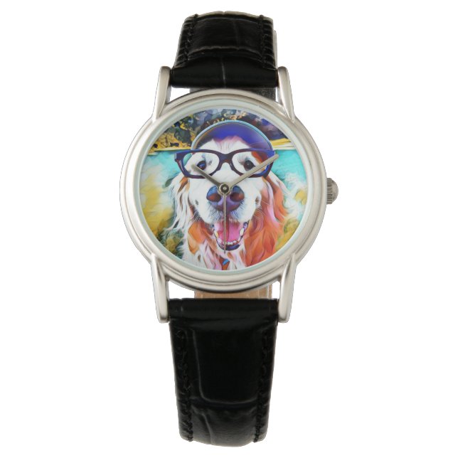 Montre Vibrant Golden Retriever Nerd lunettes Peinture (devant)
