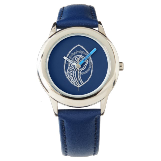 Montre Vierge Marie, dentelle blanche, bleu marine (devant)
