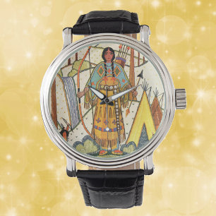 Montre Village de femme amérindienne vintage en forêt