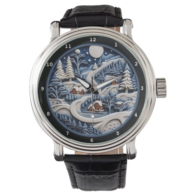 Montre Village hivernal fantaisiste sous un ciel étoilé (devant)