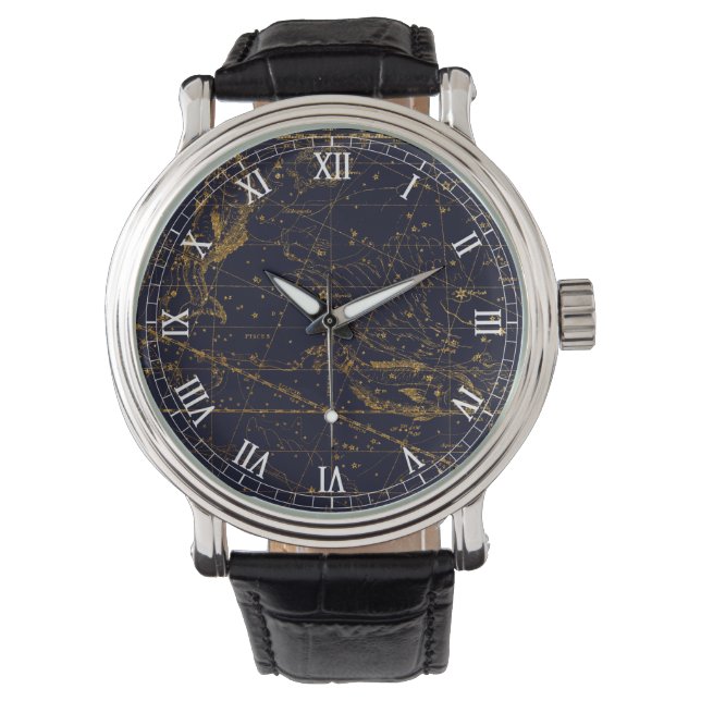 Montre Vintage Blue Gold Pisces Zodiac Constellation (devant)