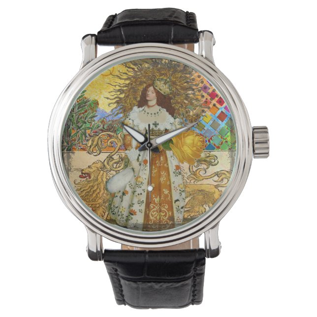 Montre Vintage femme Soleil d'or : Leo Zodiac Collage Art (devant)