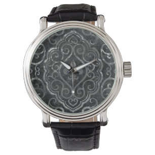 Montre Vintage Fleur de Lis   Black Silver Grunge Damask