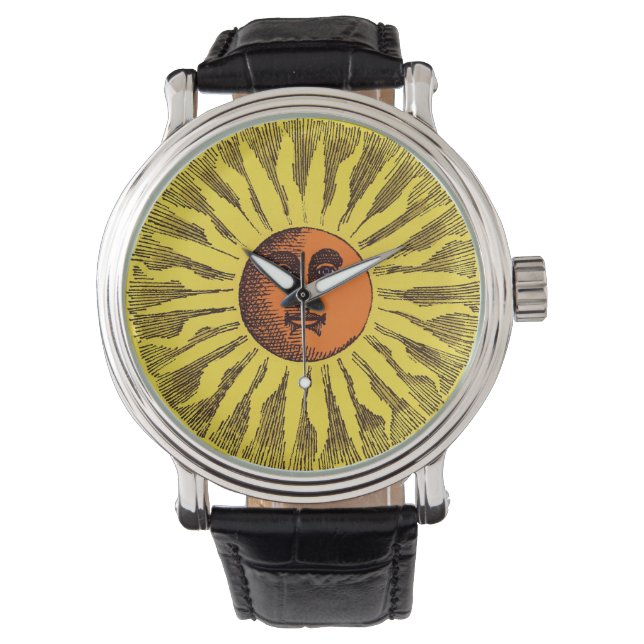 Montre Vintage jaune céleste souriant Joyeux soleil hippi (devant)