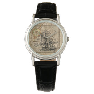 Montre Vintage Sailing Ship and Old European Map