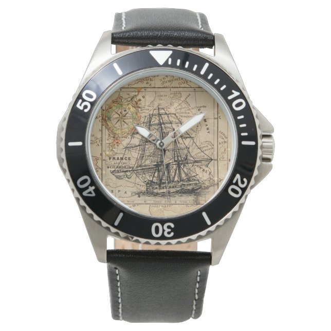Montre Vintage Sailing Ship and Old European Map (devant)