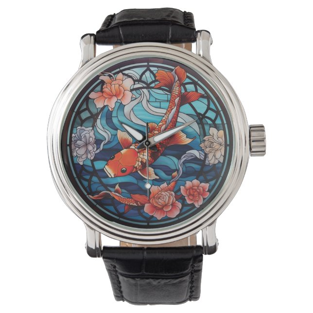 Montre Vitrail asiatique style Koi Poisson et Camellias (devant)