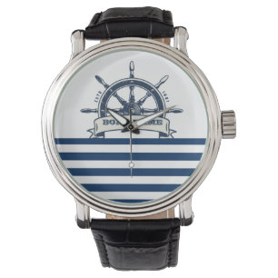 Montre Volant de Bateau Naustique, Rayures Blanches Bleu 
