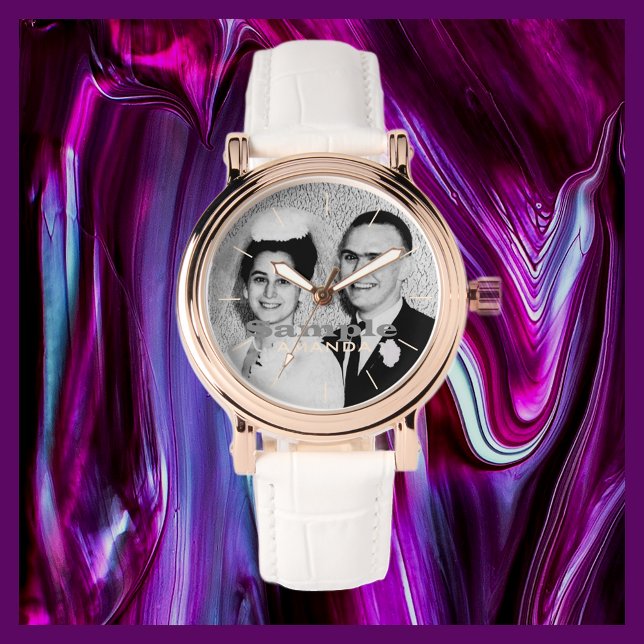 Montre Votre nom photo Rose Gold Women's White Band Wrist (Créateur téléchargé)