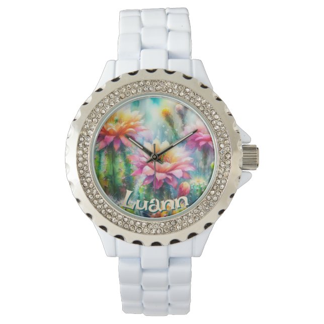 Montre Watercolor Flowering Succulent Cacti Personalized (devant)