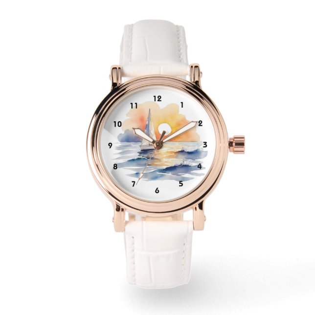 Montre Watercolor Sailing Sailboat Nautical Sunset Ocean (Recto)