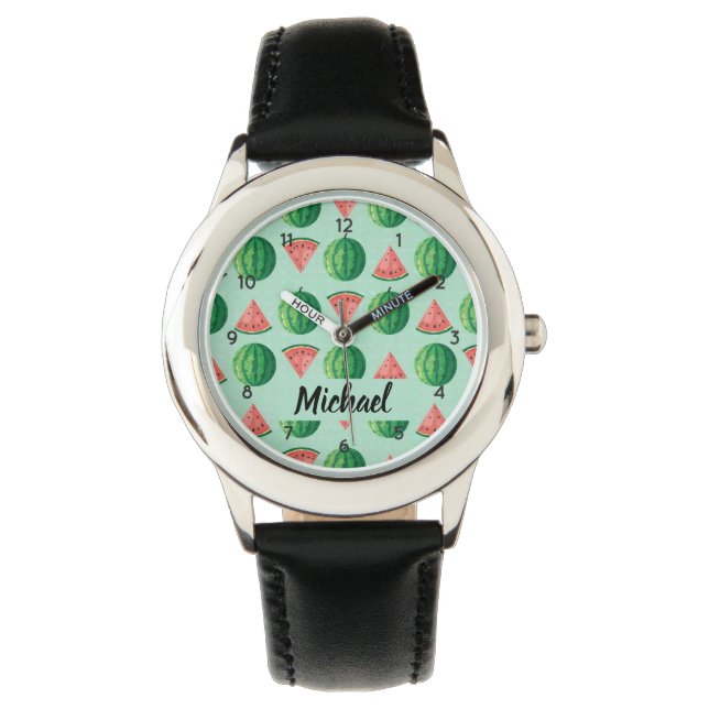 Montre Watermelon Custom Name Stylish Trendy Kids Black   (devant)