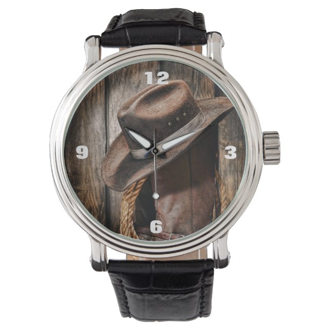 Montre western country brun grange bois cowboy bottes (devant)
