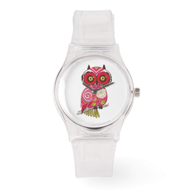Montre Whimsical Abstrait rétro Motif Deep Pink Owl (Recto)