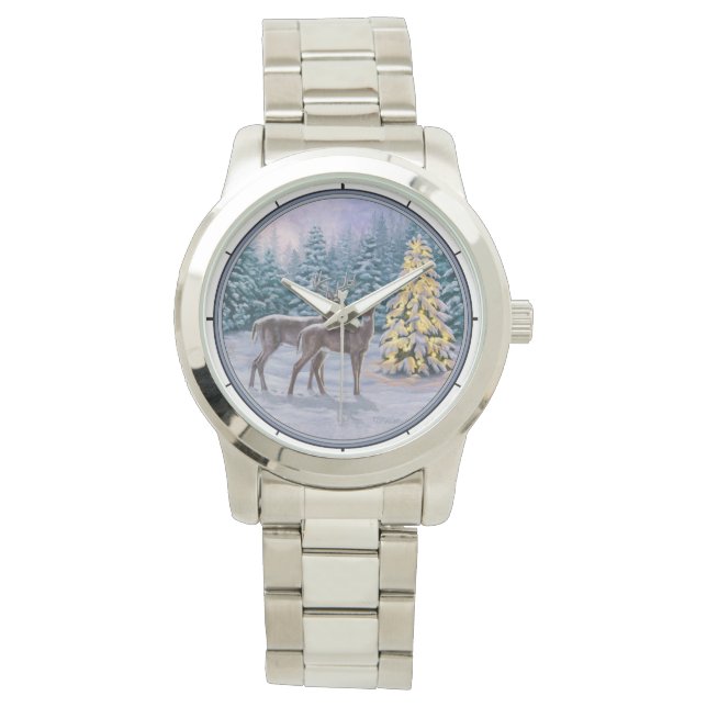 Montre Whitetail Deer & Christmas Tree Scene hivernale (devant)
