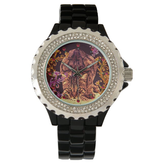 Montre WILD CAT KITTEN Jaune Rouge rose rose florale Fail (devant)