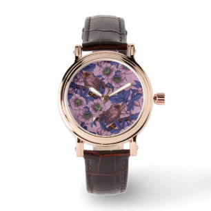 Montre Wren and hellebore, rose et violetWren and helleb