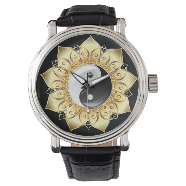 Montre Yin Yang avec pétales de lotus dorés (devant)