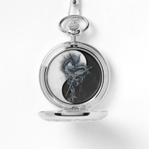 Montre Yin Yang Chinese Dragon Silver Pocket Watch