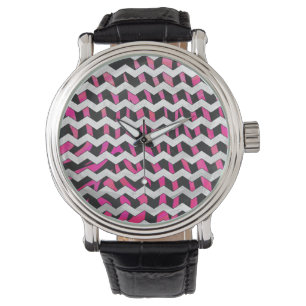 Montre Zebra Chevron noir et rose chaud